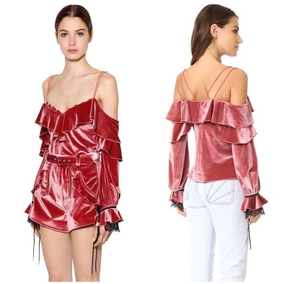 Self Portrait Pink Black Velvet Lace Frill Off Shoulder Top 6 - Picture 7 of 8